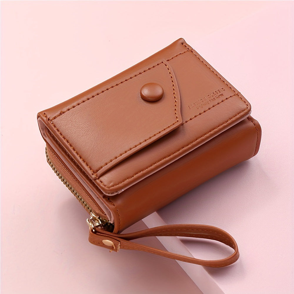 Brown Chic Compact Trifold Wallet for Women - PU Leather Card Holder with Zipper Coin Purse & Wristlet Strap