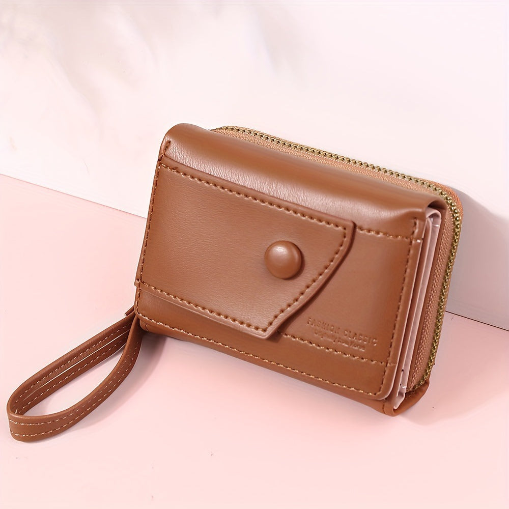 Brown Chic Compact Trifold Wallet for Women - PU Leather Card Holder with Zipper Coin Purse & Wristlet Strap