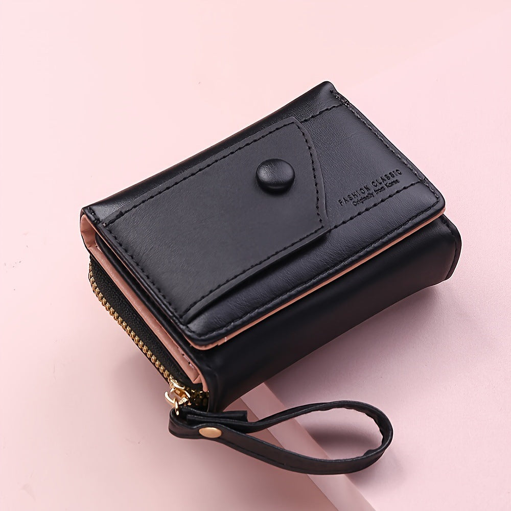 Black Chic Compact Trifold Wallet for Women - PU Leather Card Holder with Zipper Coin Purse &amp; Wristlet Strap