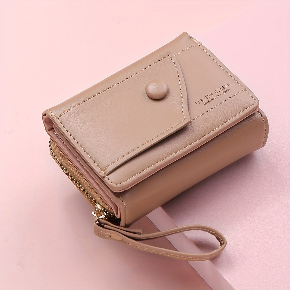 Khaki Chic Compact Trifold Wallet for Women - PU Leather Card Holder with Zipper Coin Purse &amp; Wristlet Strap