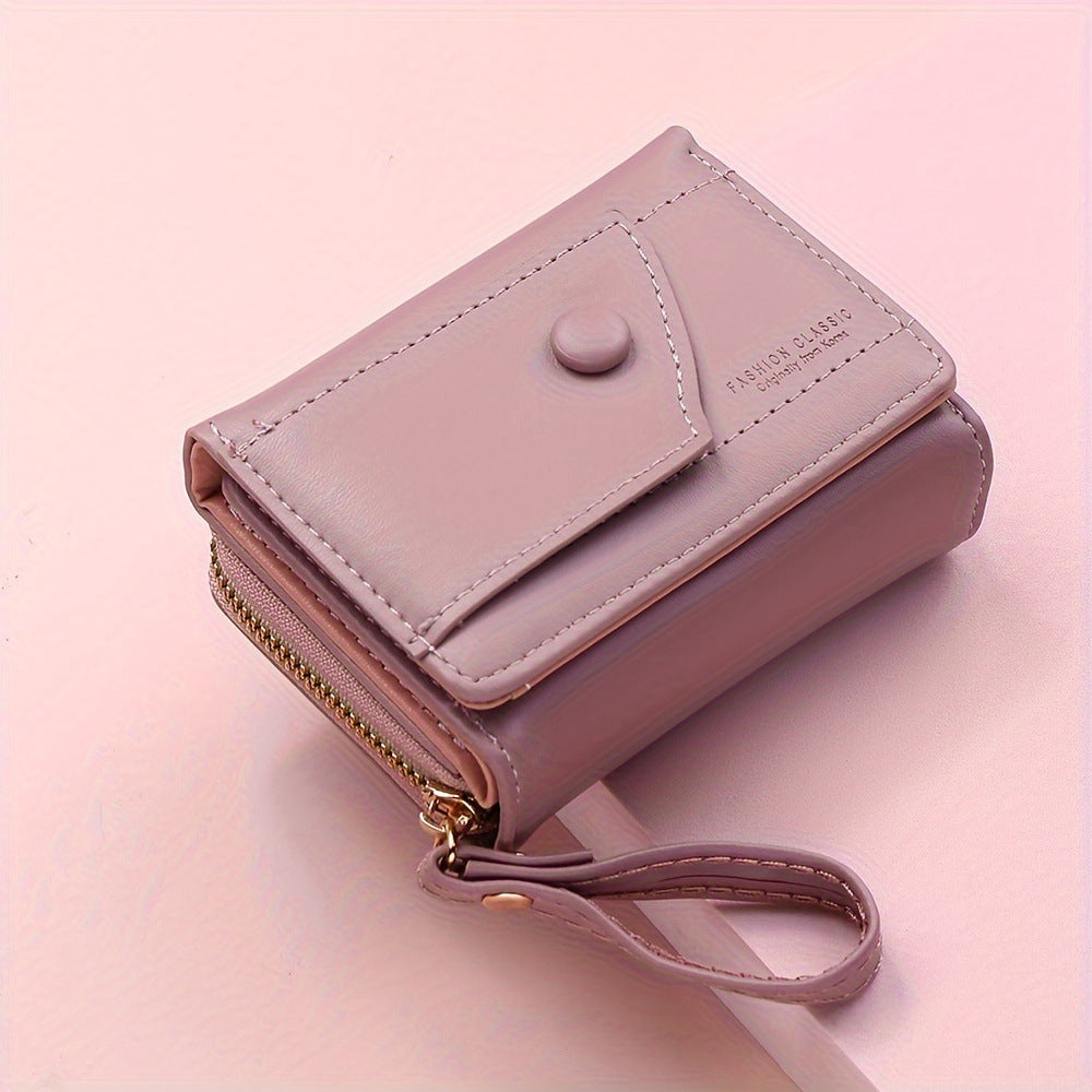 Purple Chic Compact Trifold Wallet for Women - PU Leather Card Holder with Zipper Coin Purse &amp; Wristlet Strap