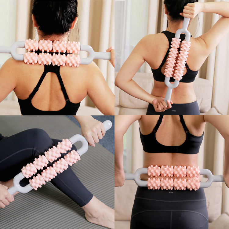 Pink and Grey Dual Row Spiky Muscle Roller Stick - Deep Tissue Massager for Back and Leg Recovery