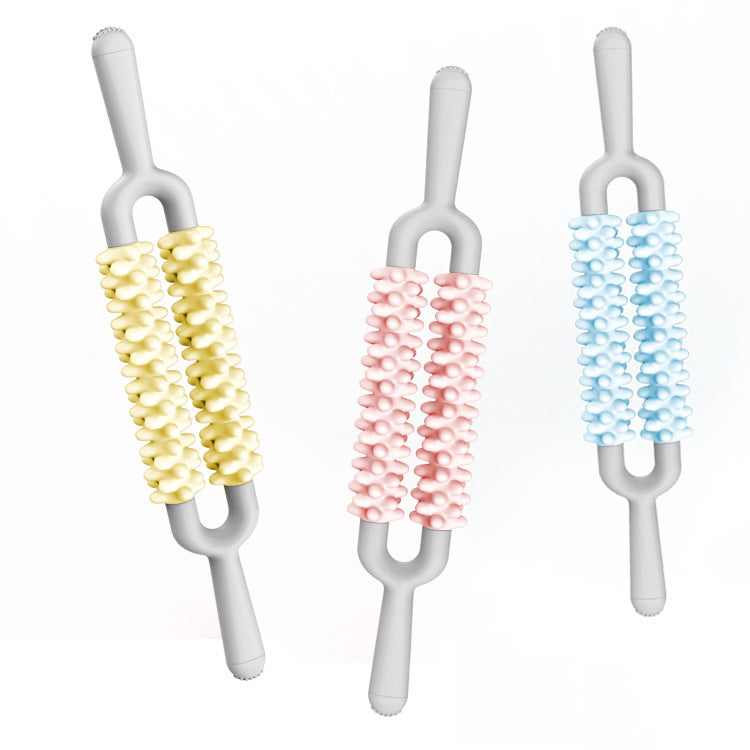 Yellow and Grey Dual Row Spiky Muscle Roller Stick - Deep Tissue Massager for Back and Leg Recovery