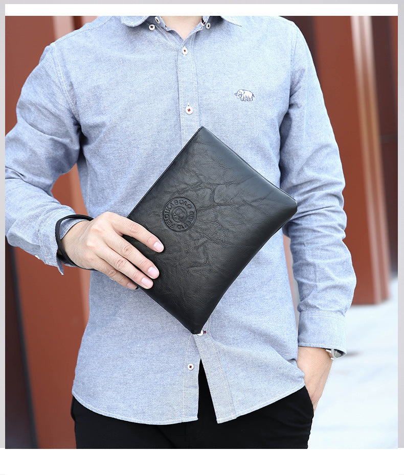 Coffee Classic Men's PU Leather Clutch Bag - Slim Business Wristlet & Travel Pouch