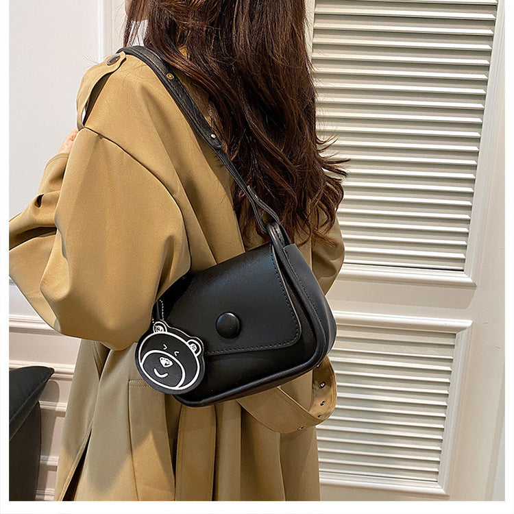 Black Chic PU Leather Crossbody Bag with Cute Bear Charm - Adjustable Strap Shoulder Purse