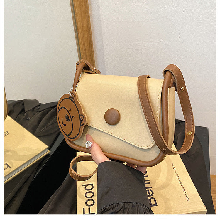 Khaki and Brown Chic PU Leather Crossbody Bag with Cute Bear Charm - Adjustable Strap Shoulder Purse