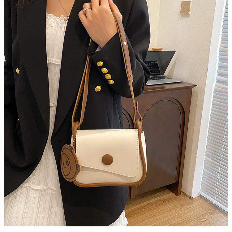 White and Brown Chic PU Leather Crossbody Bag with Cute Bear Charm - Adjustable Strap Shoulder Purse