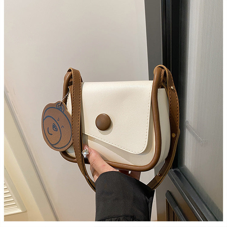 White and Brown Chic PU Leather Crossbody Bag with Cute Bear Charm - Adjustable Strap Shoulder Purse