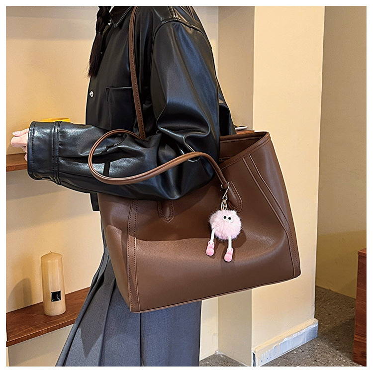 Brown Chic Large Capacity Tote Bag - PU Leather Commuter Shoulder Handbag for Women