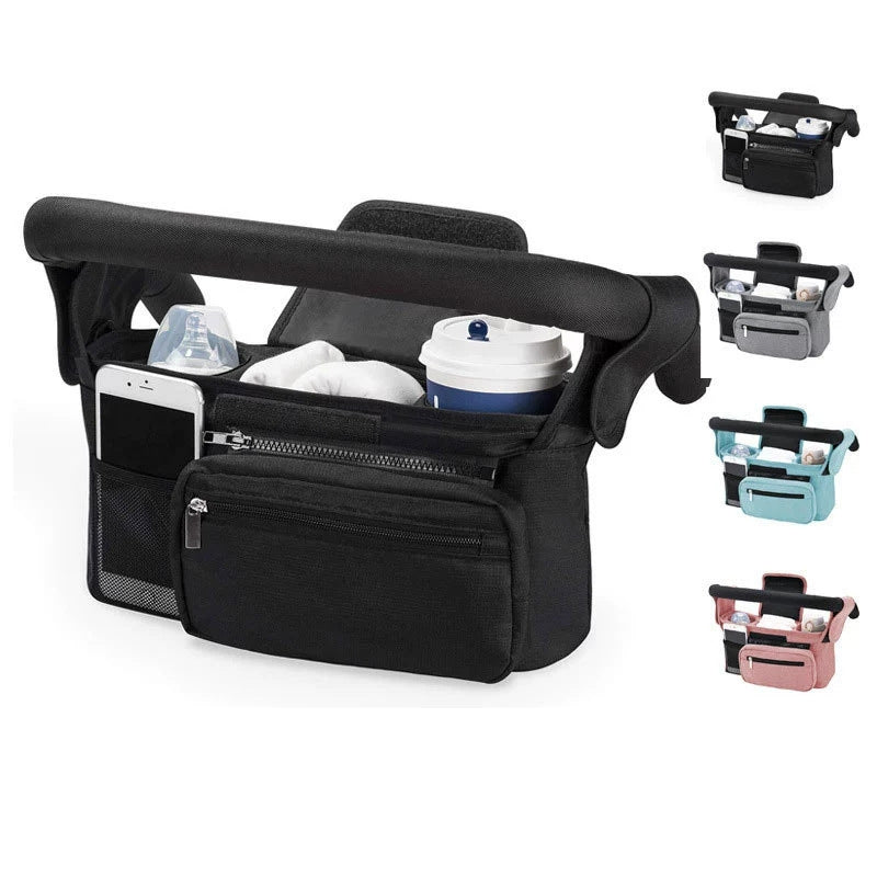 Black and Gray Stitching Universal Stroller Organiser Caddy with Insulated Cup Holders and Detachable Wristlet