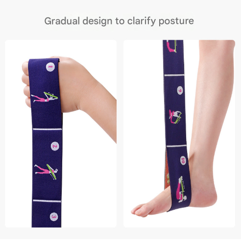 Pink Instructional Yoga Stretch Strap with Embroidered Pose Guide - 11-Loop Flexibility Band