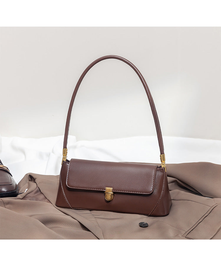 Beige Elegant Vintage Baguette Shoulder Bag - Chic PU Leather Underarm Purse with Gold Clasp