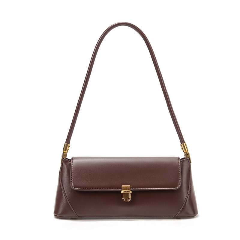 Brown Elegant Vintage Baguette Shoulder Bag - Chic PU Leather Underarm Purse with Gold Clasp