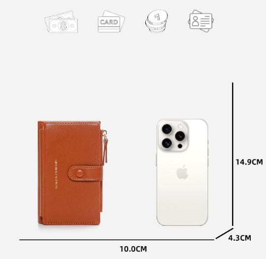 Light Brown Compact Bifold Wallet for Women - High Capacity PU Leather Purse with Zipper Coin Pocket