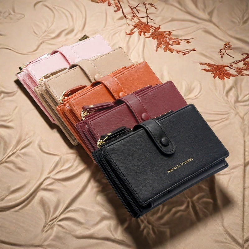 Black Compact Bifold Wallet for Women - High Capacity PU Leather Purse with Zipper Coin Pocket