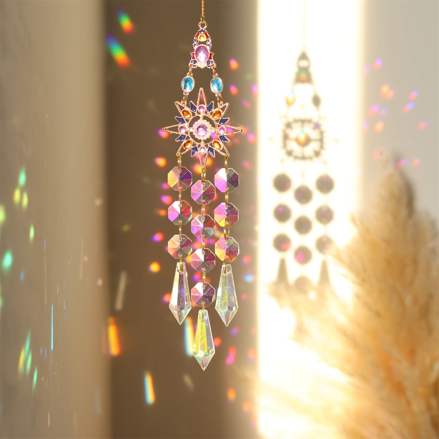 Colorful Dazzling Celestial Crystal Suncatcher - Moon Shape Rainbow Maker Window Hanging Ornament