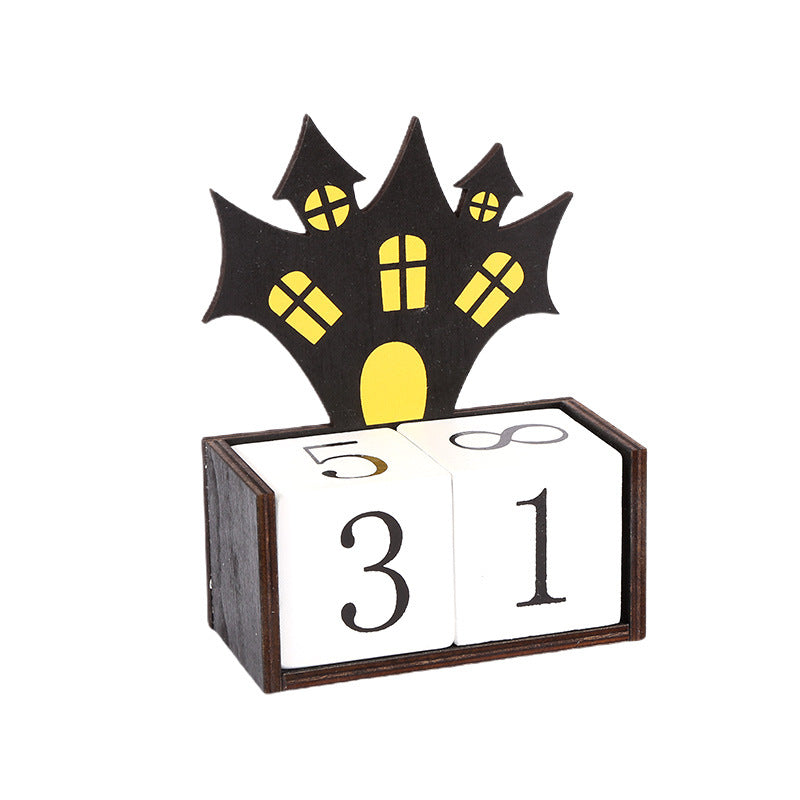 Black Castle Shape Festive Halloween Countdown Blocks - Reusable Wooden Perpetual Calendar for Desk Decor