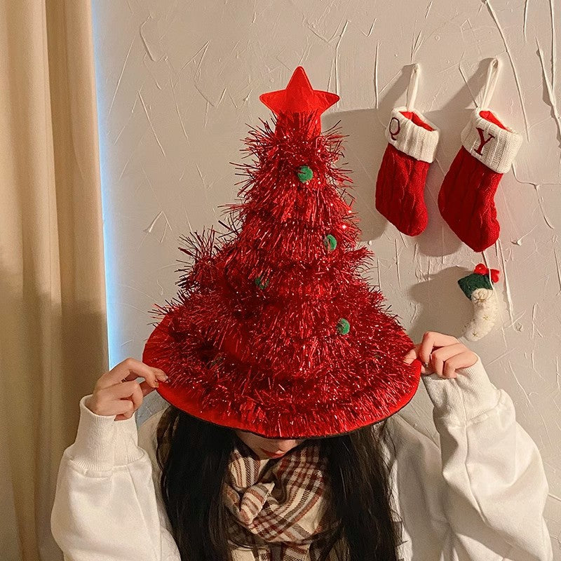 Red Sparkly Tinsel Christmas Tree Hat - Festive Holiday Party Headwear for Adults &amp; Kids
