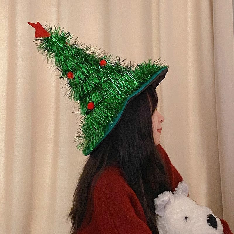 Green Sparkly Tinsel Christmas Tree Hat - Festive Holiday Party Headwear for Adults &amp; Kids