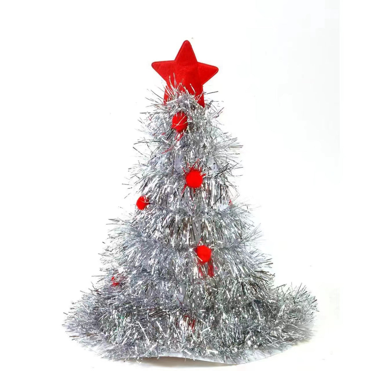 Silver Sparkly Tinsel Christmas Tree Hat - Festive Holiday Party Headwear for Adults &amp; Kids