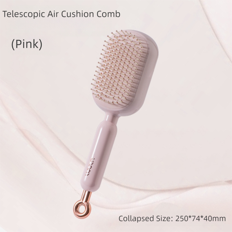 Pink Innovative Self-Cleaning Cushion Hairbrush - Retractable Bristle Detangling &amp; Scalp Massager