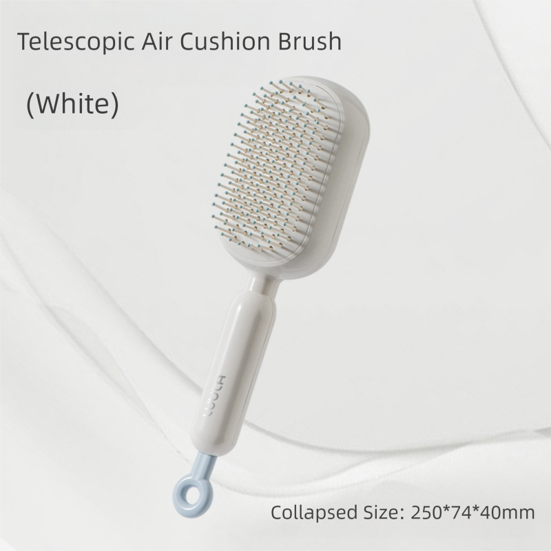 White Innovative Self-Cleaning Cushion Hairbrush - Retractable Bristle Detangling &amp; Scalp Massager