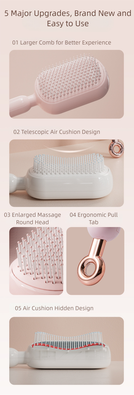 White Innovative Self-Cleaning Cushion Hairbrush - Retractable Bristle Detangling & Scalp Massager
