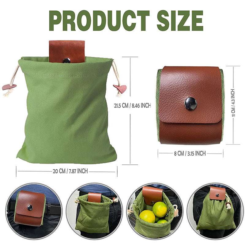 Green Collapsible Canvas Foraging Pouch - Hands-Free Belt Bag for Hiking & Camping Activities
