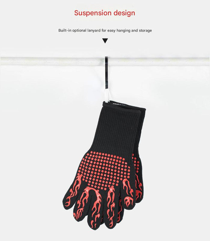 Red Flame Pattern Extreme Heat Resistant BBQ Gloves - 500°C Flame Design Oven Gloves with Non-Slip Silicone Grip