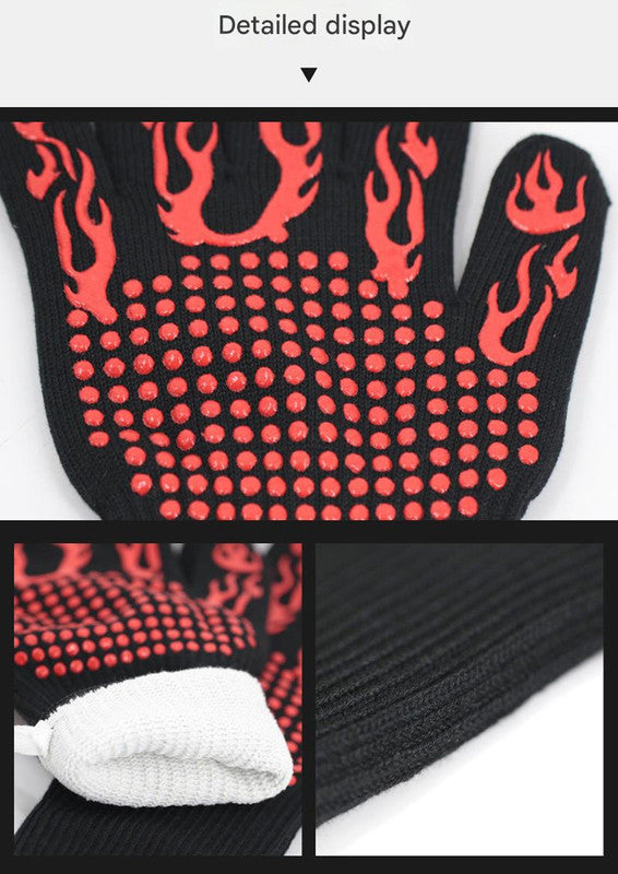 Black Flame Pattern Extreme Heat Resistant BBQ Gloves - 500°C Flame Design Oven Gloves with Non-Slip Silicone Grip