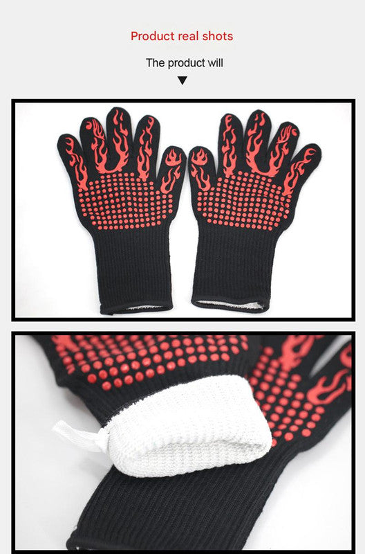 Black Flame Pattern Extreme Heat Resistant BBQ Gloves - 500°C Flame Design Oven Gloves with Non-Slip Silicone Grip