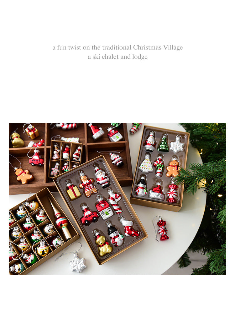 Style C Colorful Dainty Miniature Glass Christmas Ornament Set - 6pc Micro Holiday Characters