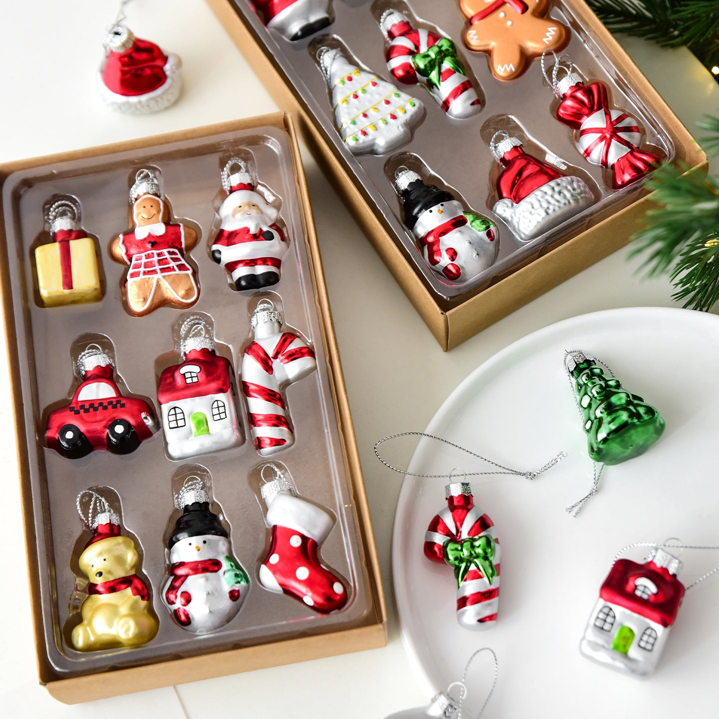 Style C Colorful Dainty Miniature Glass Christmas Ornament Set - 6pc Micro Holiday Characters