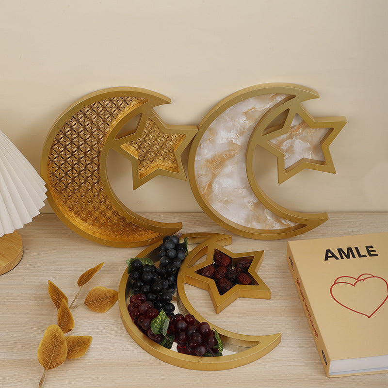 2 Pcs Gold and White Mirrored Elegant Celestial Moon & Star Serving Tray - Gold Finish Decorative Platter for Home & Holidays