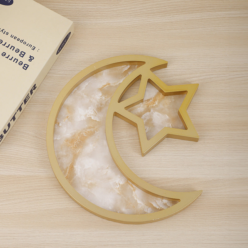 2 Pcs Gold Marble Effect Elegant Celestial Moon &amp; Star Serving Tray - Gold Finish Decorative Platter for Home &amp; Holidays