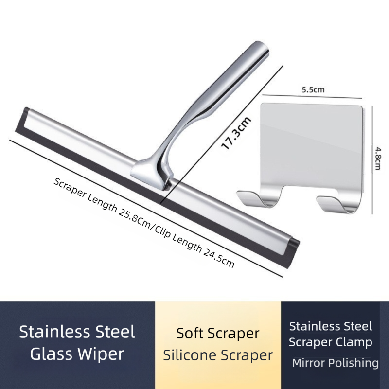 Silver Premium Stainless Steel Shower Squeegee with Adhesive Hook Holder - Streak-Free Blade for Glass Doors, Windows &amp; Mirrors