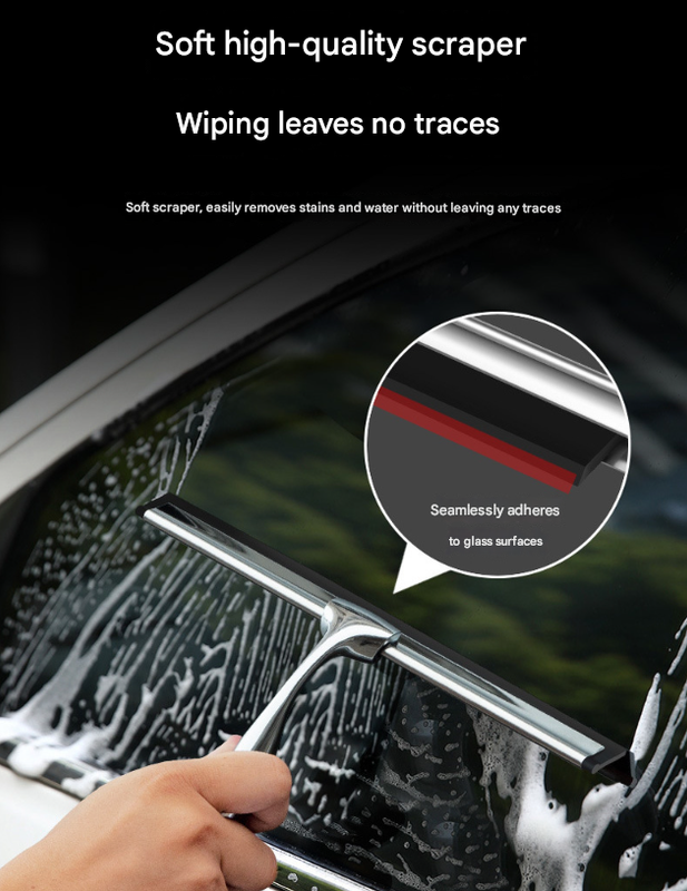 Silver Premium Stainless Steel Shower Squeegee with Adhesive Hook Holder - Streak-Free Blade for Glass Doors, Windows & Mirrors