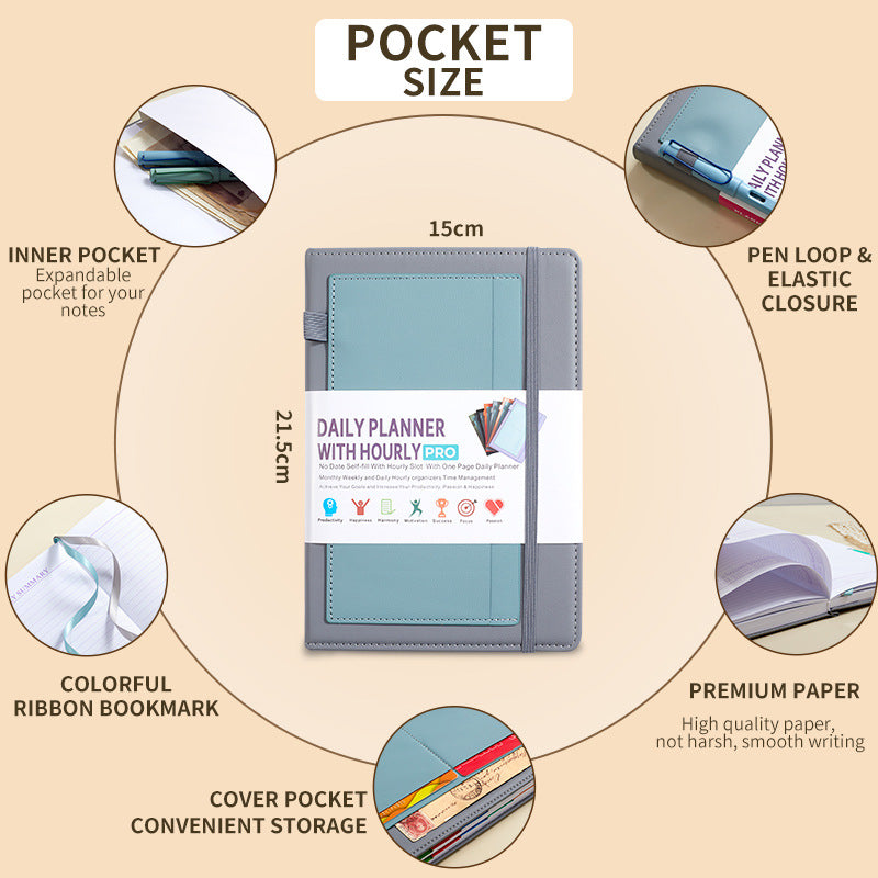 Green A5 PU Leather Agenda for Productivity & Time Management-Undated Daily & Hourly Planner Pro