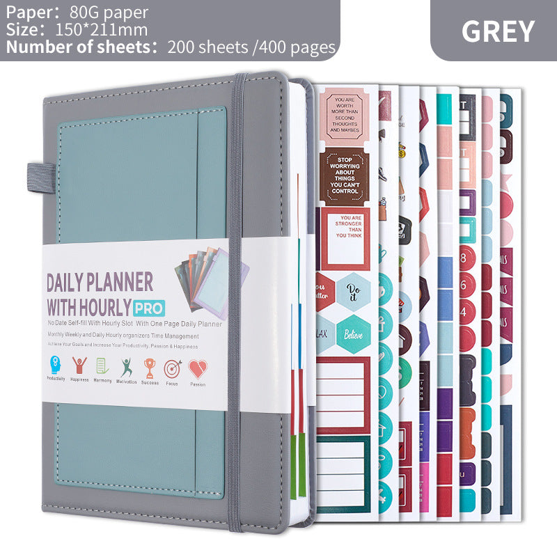 Grey A5 PU Leather Agenda for Productivity &amp; Time Management-Undated Daily &amp; Hourly Planner Pro