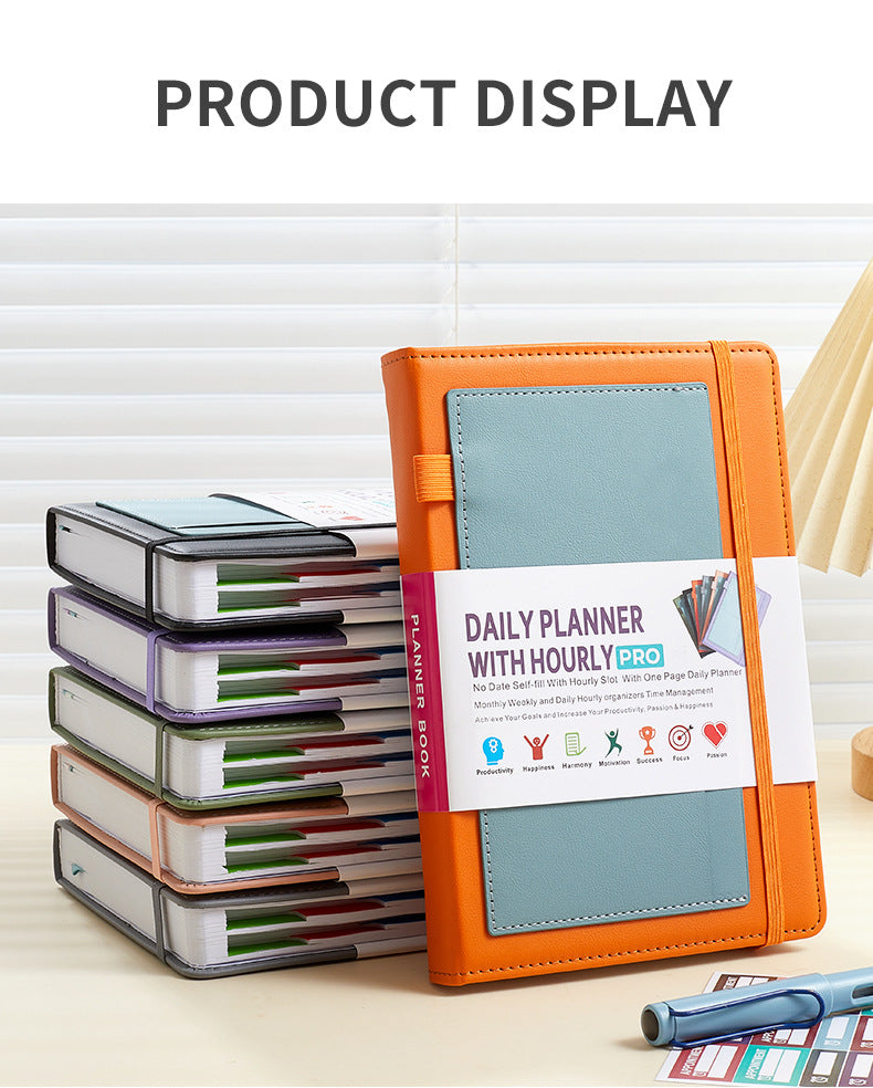 Grey A5 PU Leather Agenda for Productivity & Time Management-Undated Daily & Hourly Planner Pro