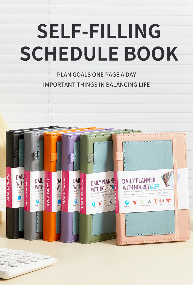 Black A5 PU Leather Agenda for Productivity & Time Management-Undated Daily & Hourly Planner Pro