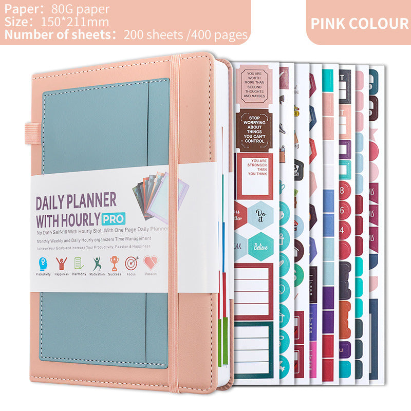 Pink A5 PU Leather Agenda for Productivity &amp; Time Management-Undated Daily &amp; Hourly Planner Pro