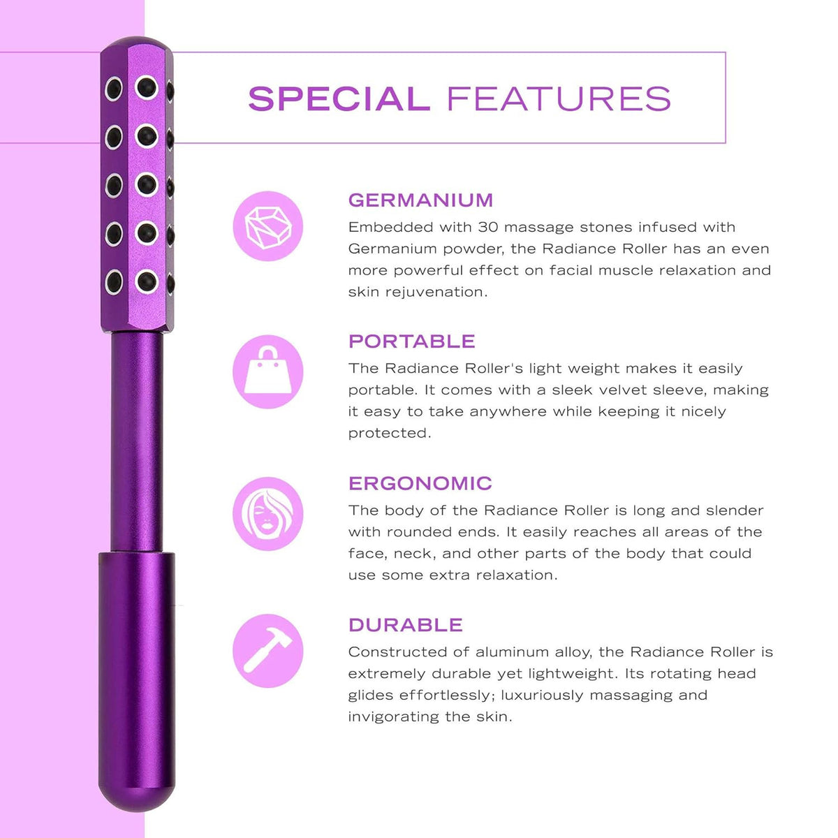 Light Pink Germanium Stone Facial Roller - Uplifting & Sculpting Beauty Massager for Face and Body