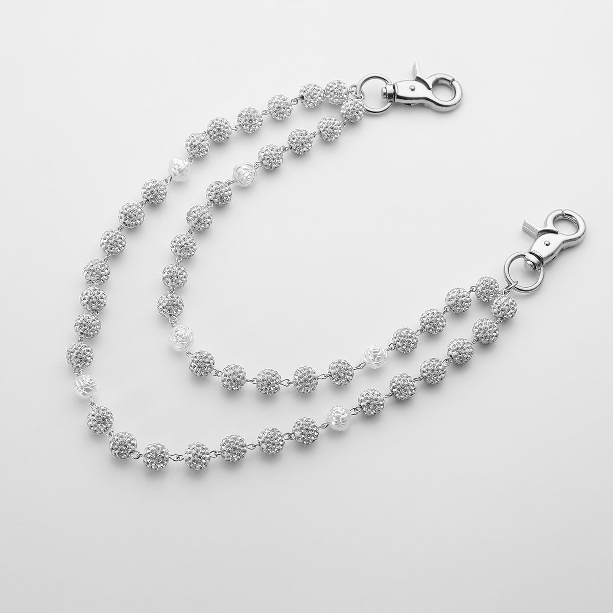 Silver and White Bling Rhinestone Beaded Wallet Chain - Double Layer Hip Hop Trouser Chain Jean Accessory(60g）