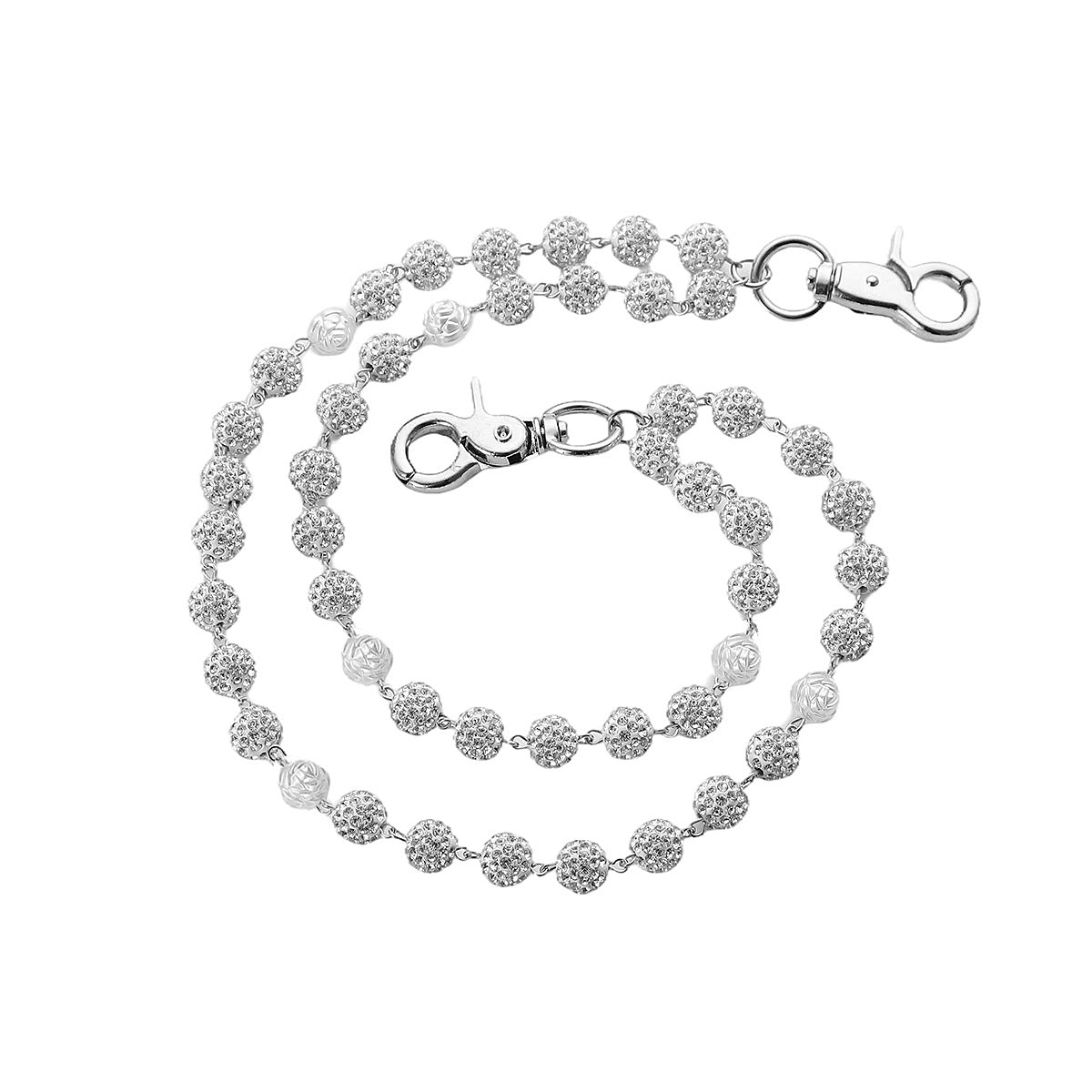 Silver and White Bling Rhinestone Beaded Wallet Chain - Double Layer Hip Hop Trouser Chain Jean Accessory(60g）