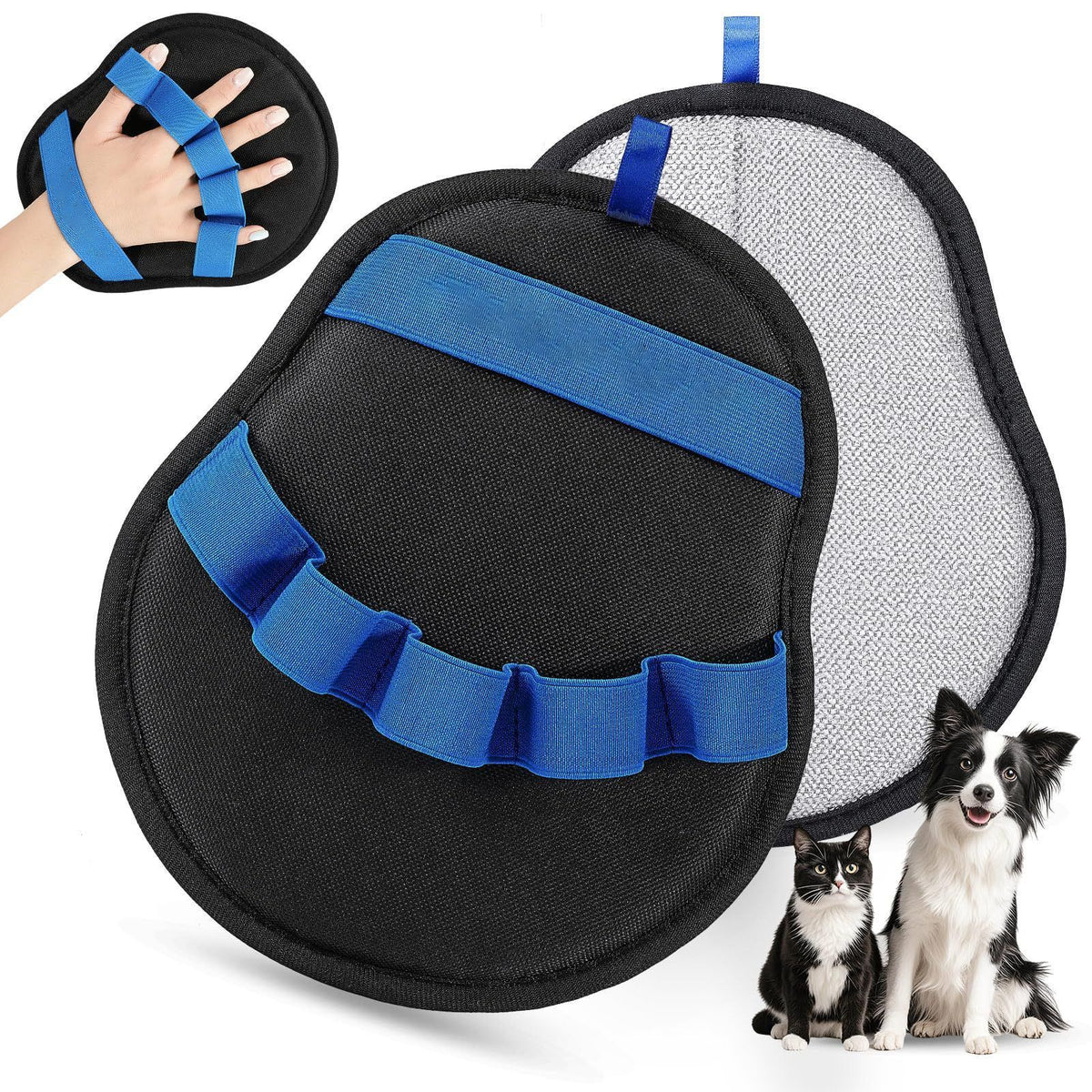 2-Pack Blue and Black Pet Hair Remover Glove - Reusable Double-Sided Deshedding Glove for Dog &amp; Cat Grooming, Sofa, Carpet &amp; Clothes Cleaning