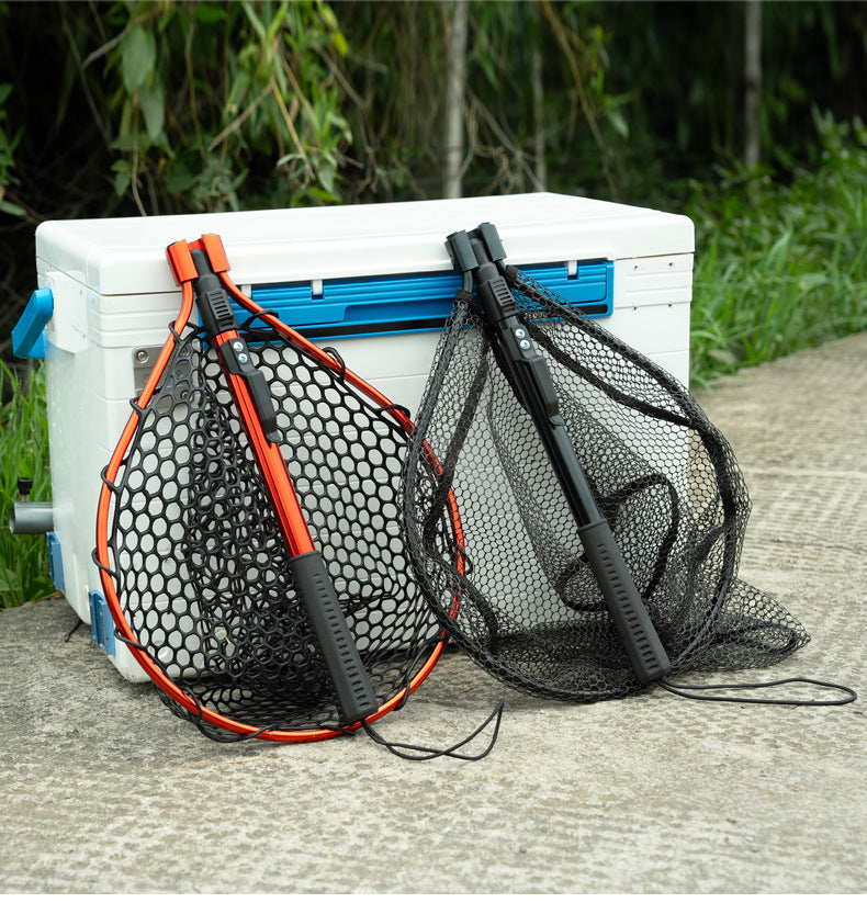 Black Folding Fishing Landing Net with Silicone Mesh - Telescopic Pole, Lightweight & Durable