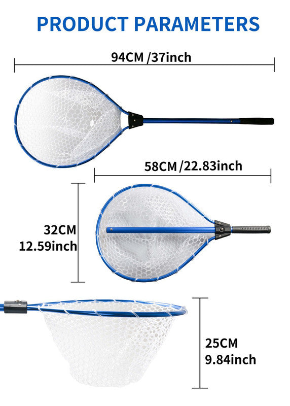 Black High Strength Large Landing Net - Fishing Net with Long Foldable Handle and Soft Rubber Netting, Dip Net for Fishing, Ideal for Boat, Pier, River Angling