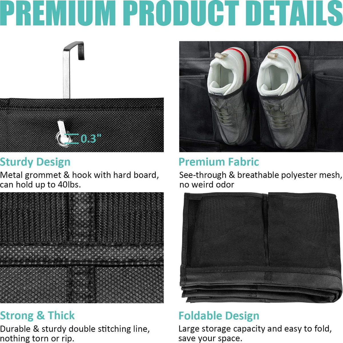 Black Over the Door Shoe Organizer with 24 Mesh Pockets - Space Saving Hanging Storage for Shoes, Accessories, Pantry