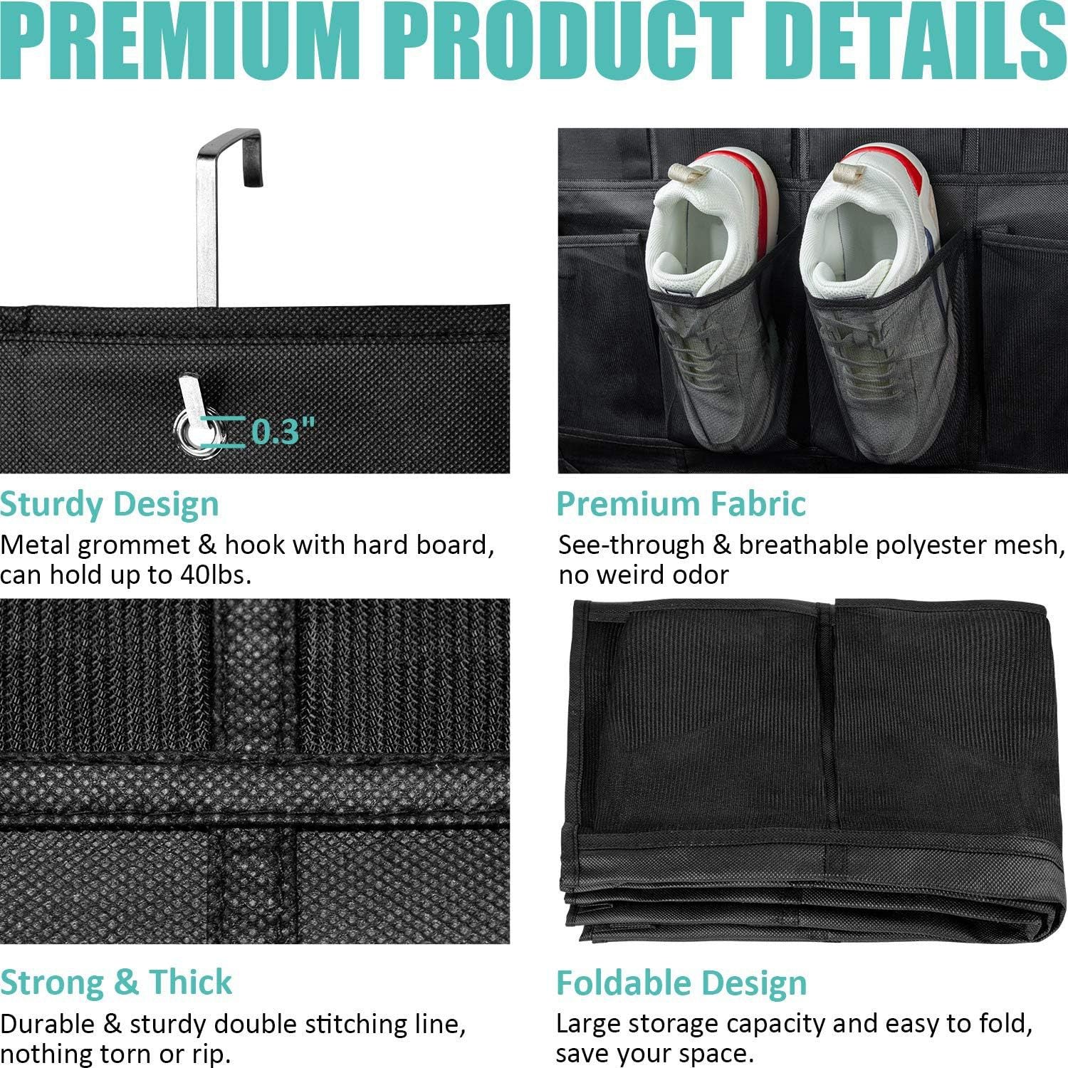 Black Over the Door Shoe Organizer with 24 Mesh Pockets - Space Saving Hanging Storage for Shoes, Accessories, Pantry